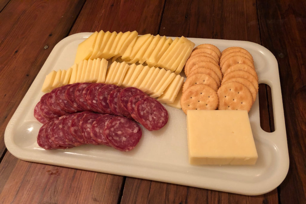 Summer sausage, cheddar/gruyere hybrid, and a Swiss cheese