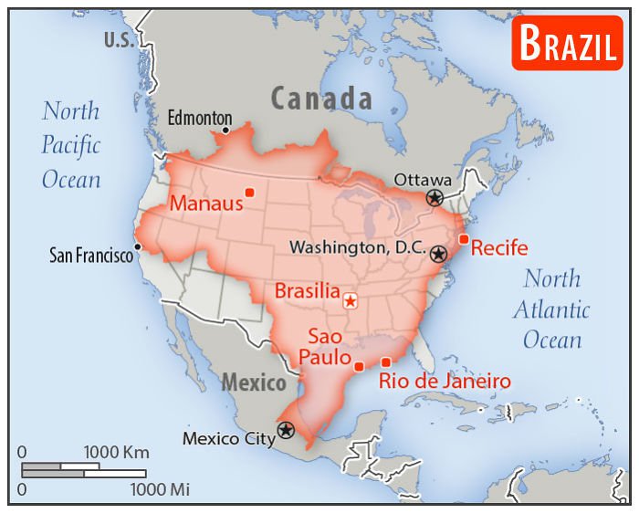 Map of Brazil overlayed on the United States