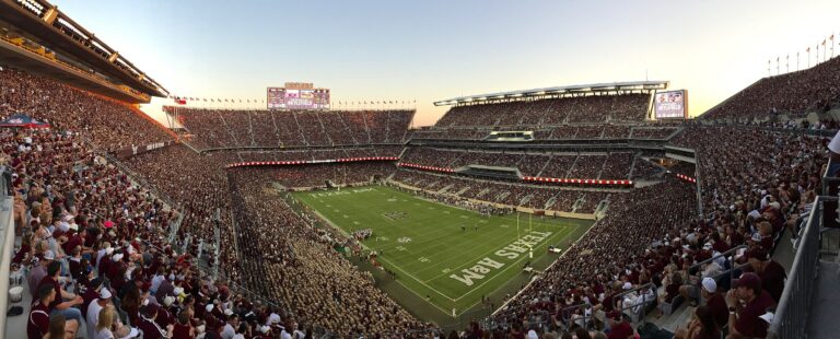 A panorama of Kyle Field - Texas A&M football at sunset